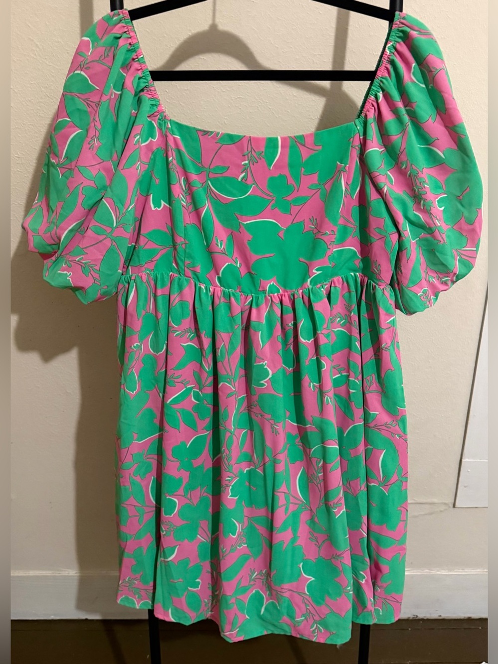 BiBi Pink Green Floral Puff Sleeve Babydoll Mini Dress Size Medium